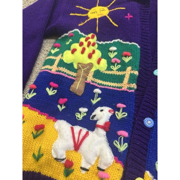 Vintage Handmade Purple Folk Art Cardigan Sun Rain Llama Birds Embroidery XS/S - Picture 4 of 5